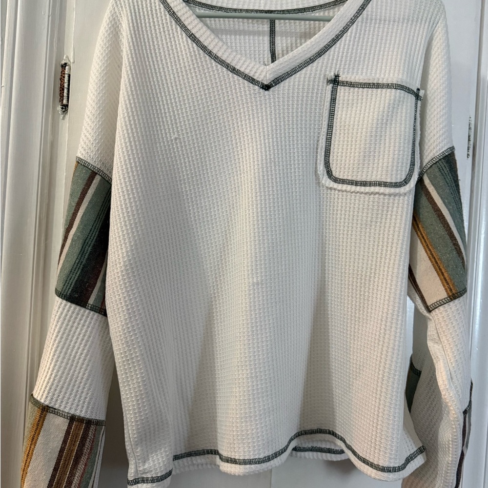 White V-Neck Waffle Knit Top with Striped Accents
